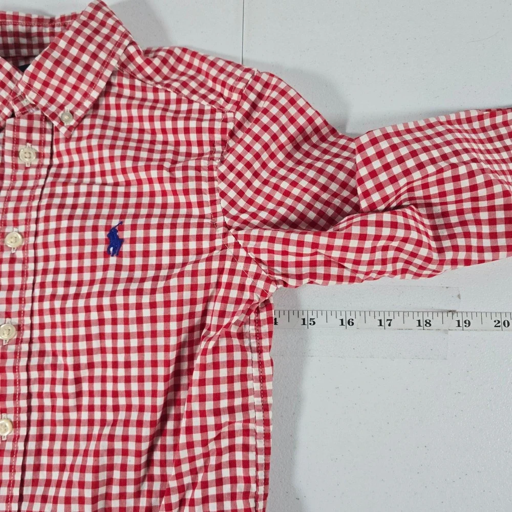 Ralph Lauren Boys Red White Gingham Button Down Shirt Size S 8 Cotton Pony Logo